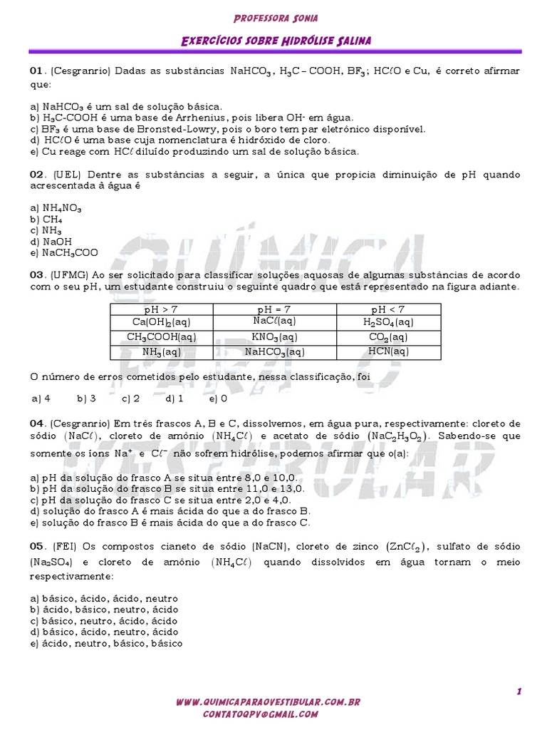 Exercícios de Hidrólise Salina | PDF | Ácido | Sal (Química)