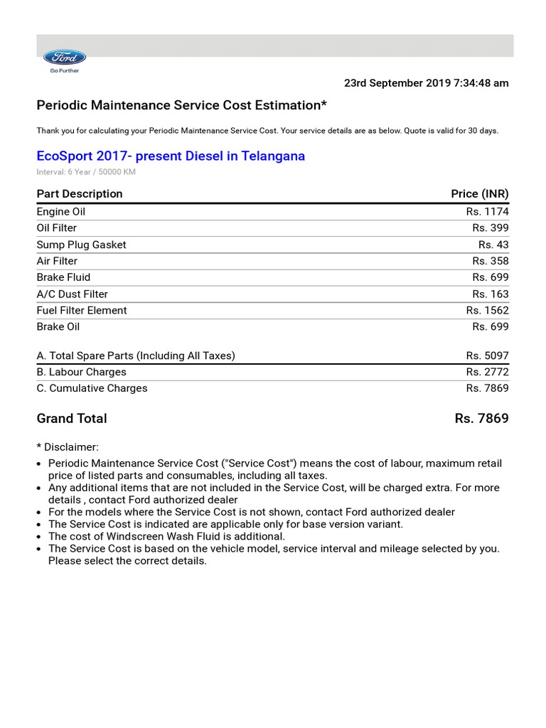 Periodic Maintenance Service Cost Estimation for a 2017 Ford EcoSport