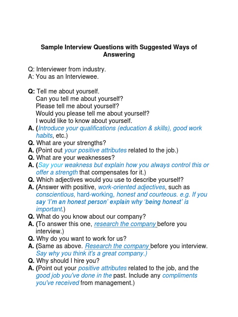 Sample of Job Interview Questions | PDF | Job Interview | Action ...