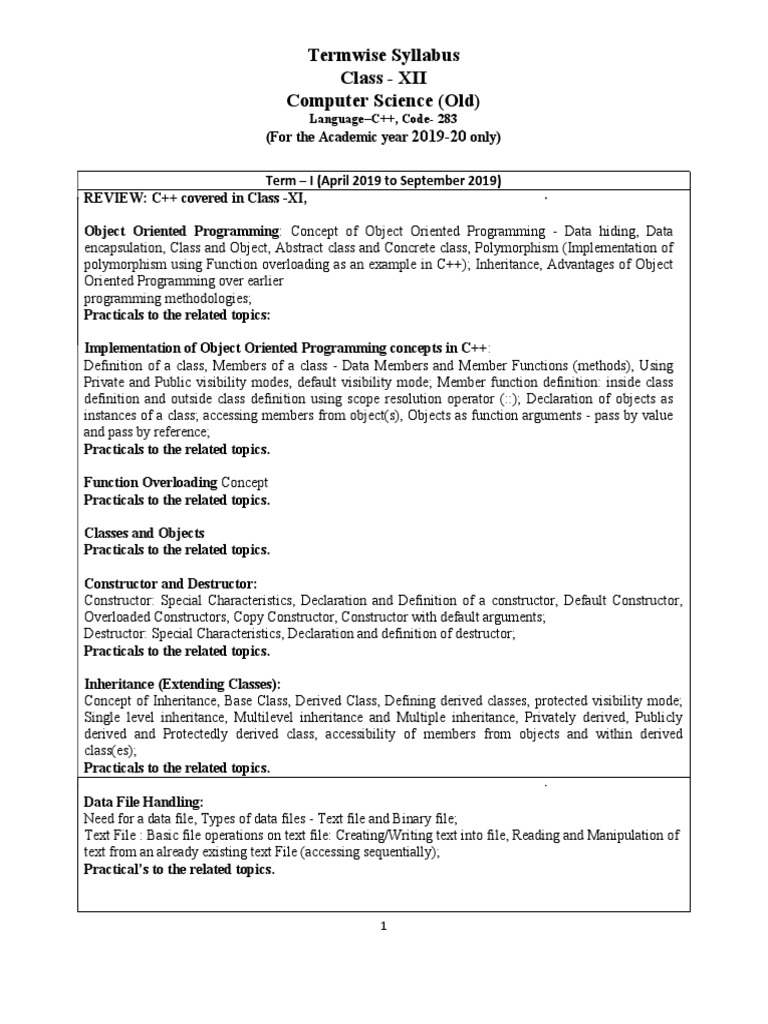 Termwise Syllabus Class - XII Computer Science (Old) : Language-C++ ...