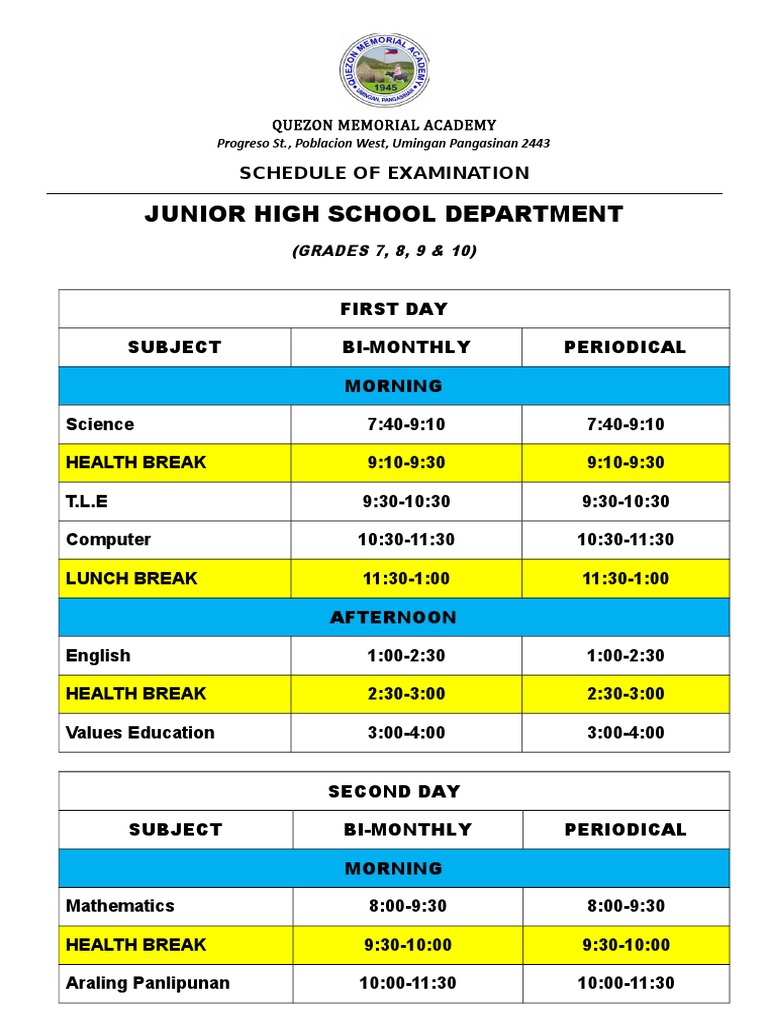Exam Schedule JHS (2020) | PDF