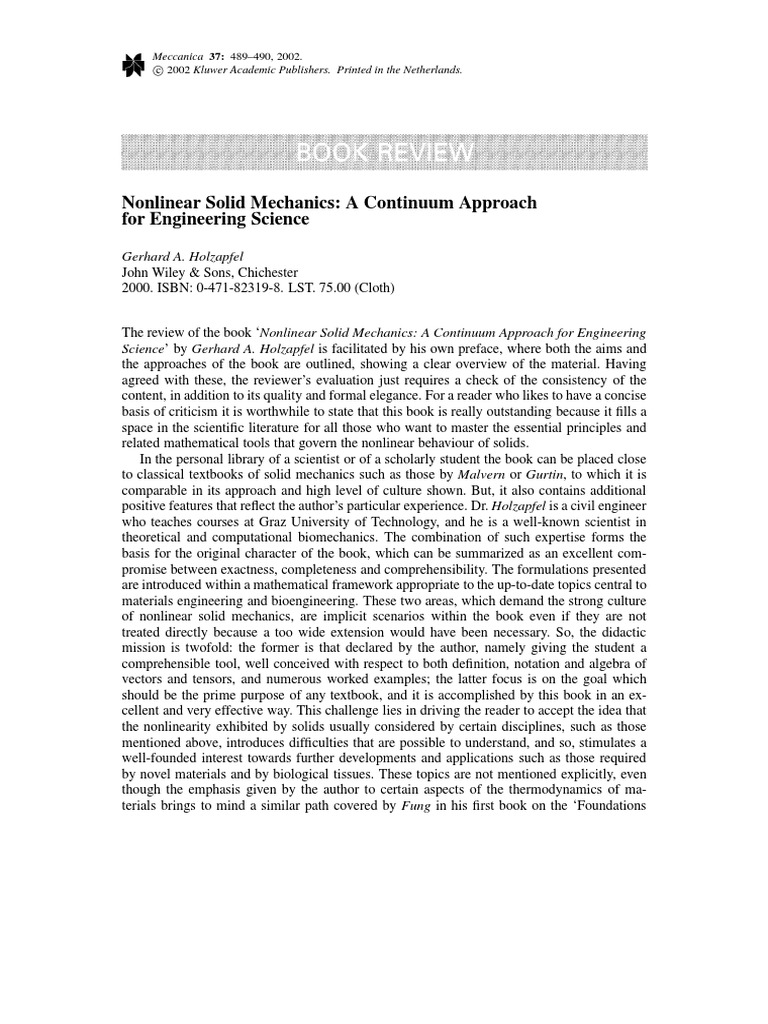 Nonlinear Solid Mechanics A Continuum Ap PDF | PDF | Materials Science ...