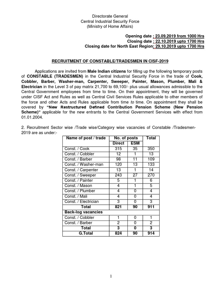 CISF Constable Tradesmen Recruitment 2019 | PDF | Military Discharge ...