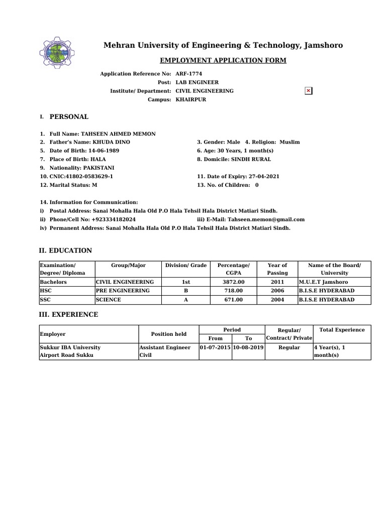Mehran University Job Application Form | PDF | Academia