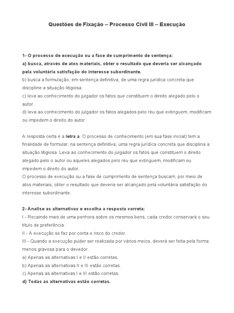 Questões sobre Execução no Processo Civil | PDF | Lei das Obrigações ...