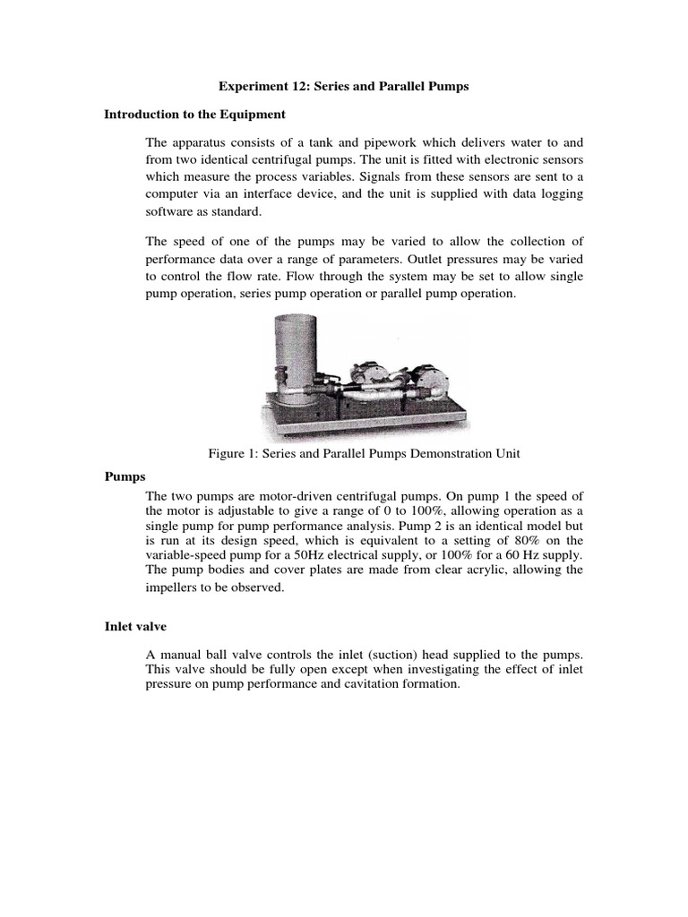 Experiment 12 Series and Parallel Pumps Introduction To The Equipment