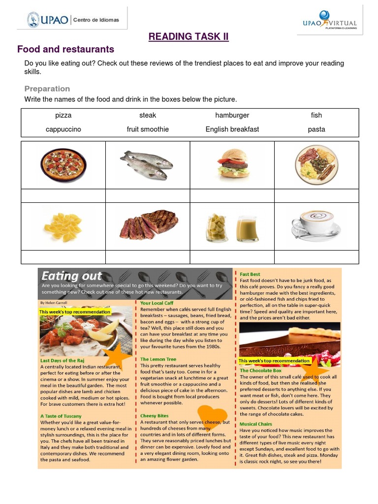 Reading Task Ii Food and Restaurants: Preparation | PDF | Restaurants ...