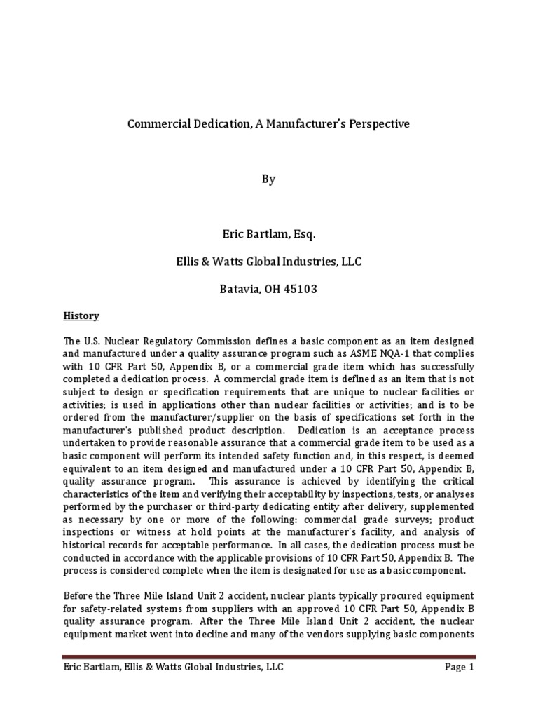 Commercial Dedication A Manufacturer's Perspective PDF Nuclear
