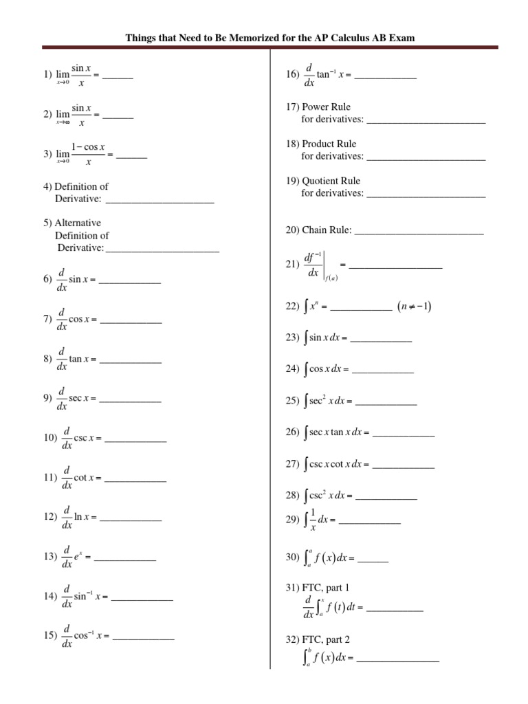 AP Calculus Ab Things To Have Memorized3 | PDF | Derivative | Volume
