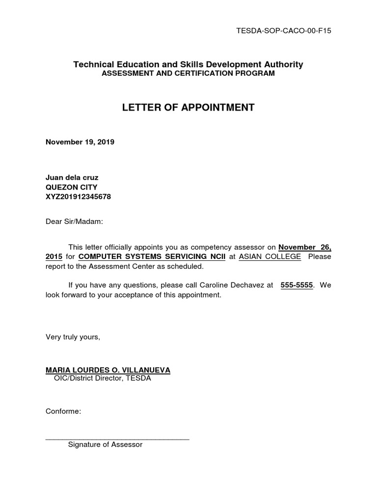 TESDA Competency Assessor Appointment Letter | PDF