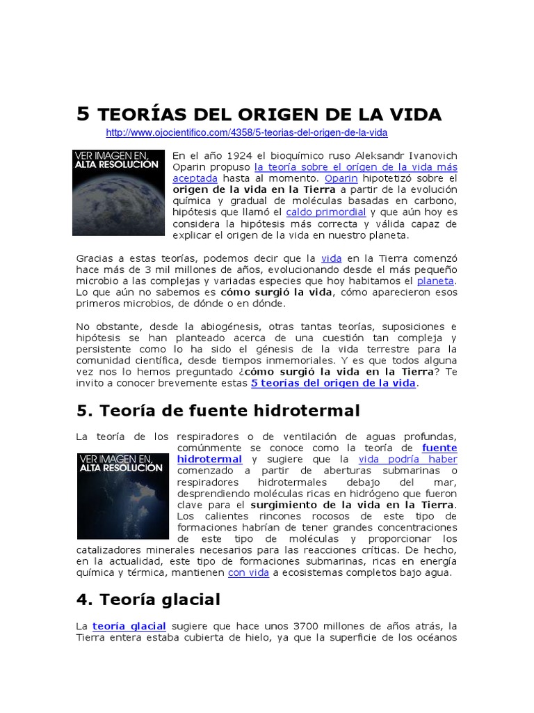 5 Teorías del Origen de la Vida | PDF | Abiogénesis | Vida