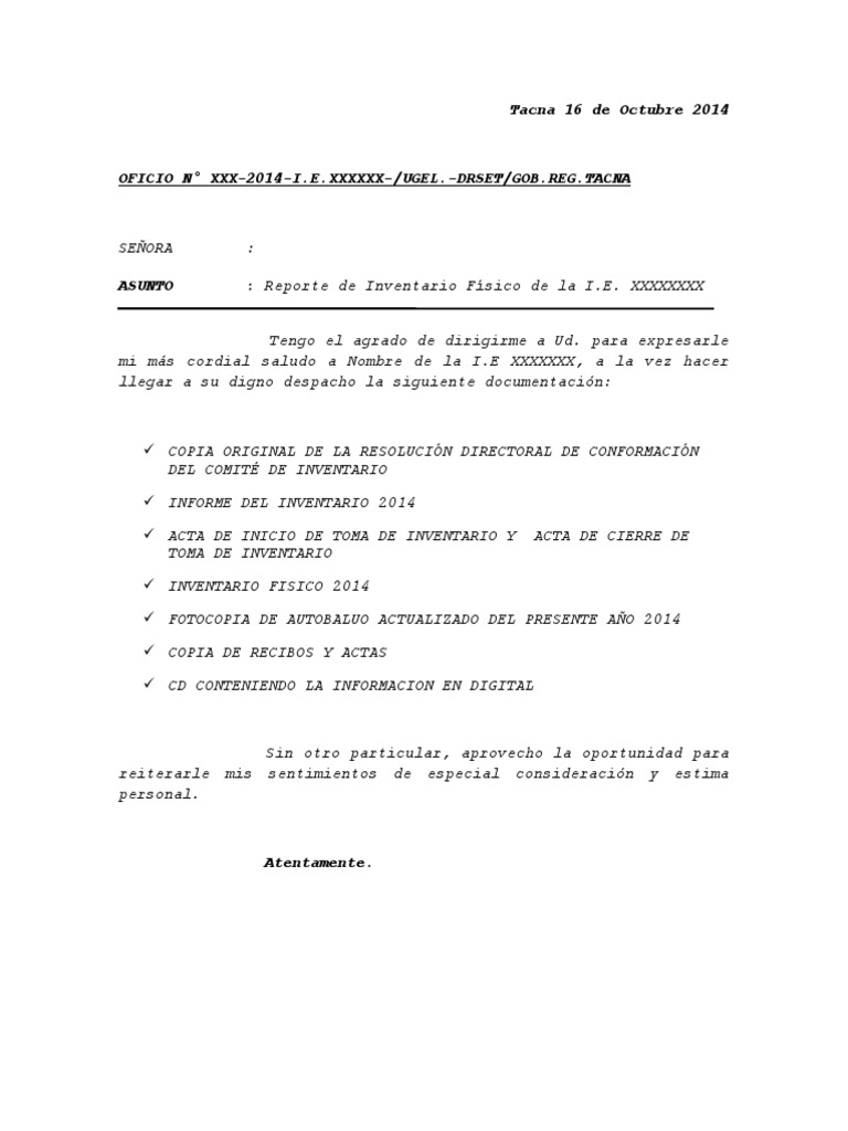 Modelo de Documentos A Presentar (Oficio, Resolución, Informe Final, Acta  de Inicio y Cierre Acta | PDF | Inventario | Business