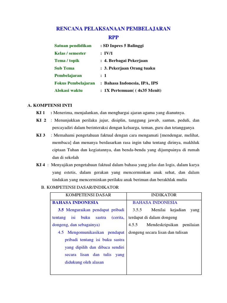 Rpp Kelas 4 Tema 4 Subtema 3 Pelajaran 1