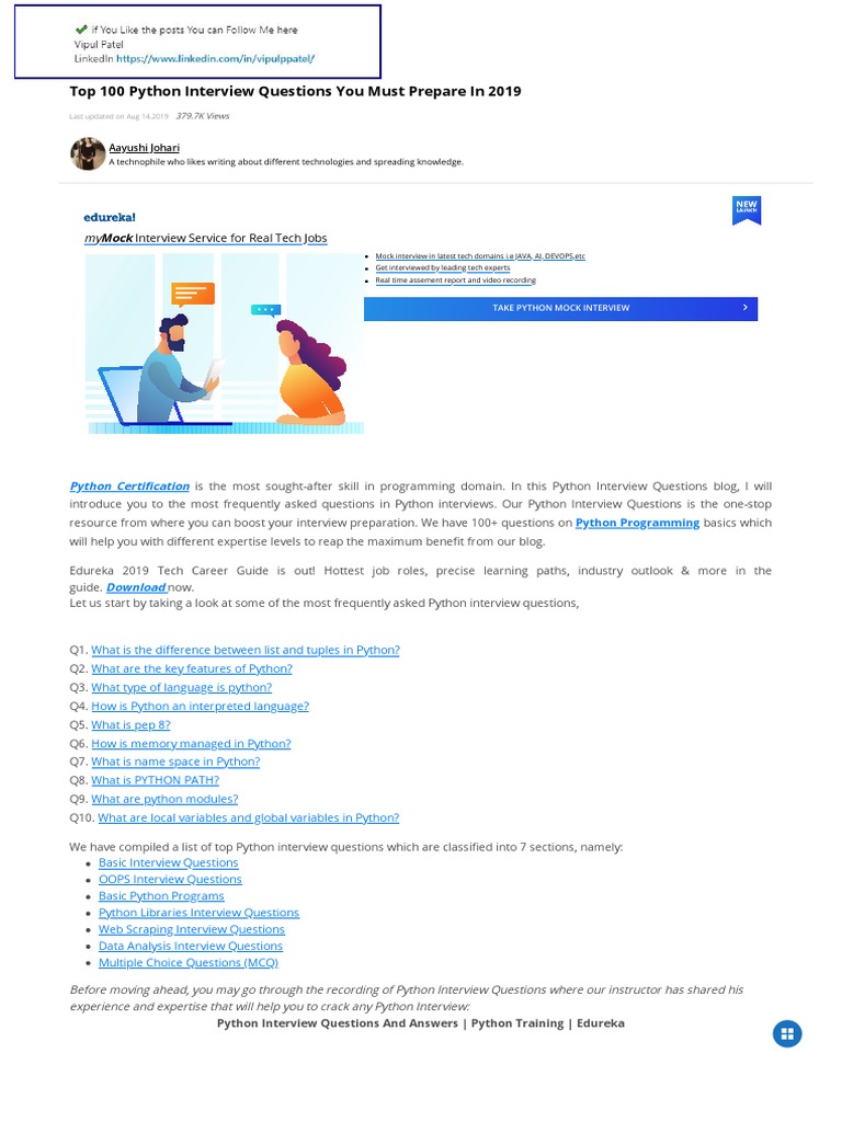 Top 100 Python Interview Questions | PDF | Class (Computer Programming ...