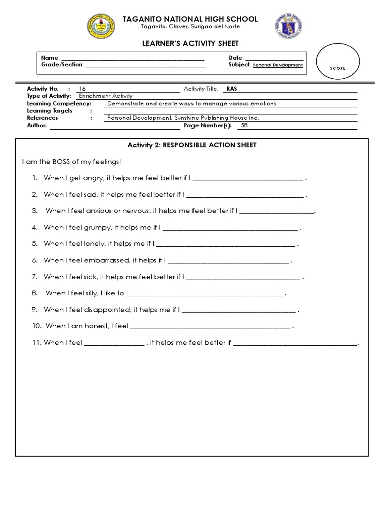 Responsible Action Sheet for Emotions | PDF | Career & Growth | Social ...