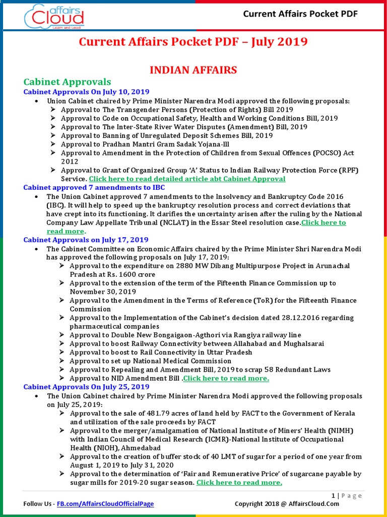 Current Affairs Pocket PDF - July 2019 by AffairsCloud | PDF | Small And  Medium Sized Enterprises | Tamil Nadu