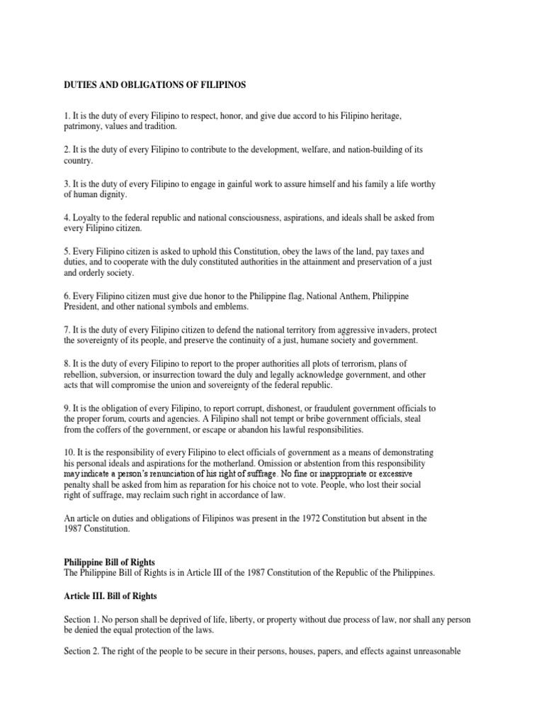 Duties and Rights of Filipino Citizens | PDF | Search And Seizure ...