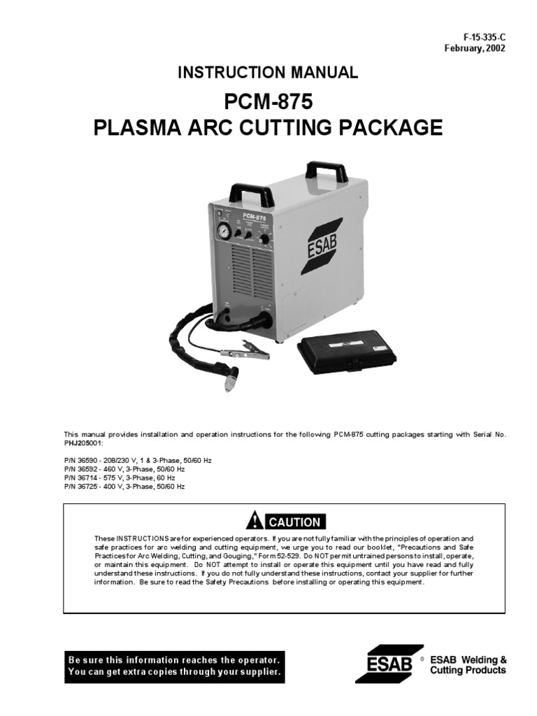 PCM875 Plasma Arc Cutting Package Instruction Manual PDF Welding Construction