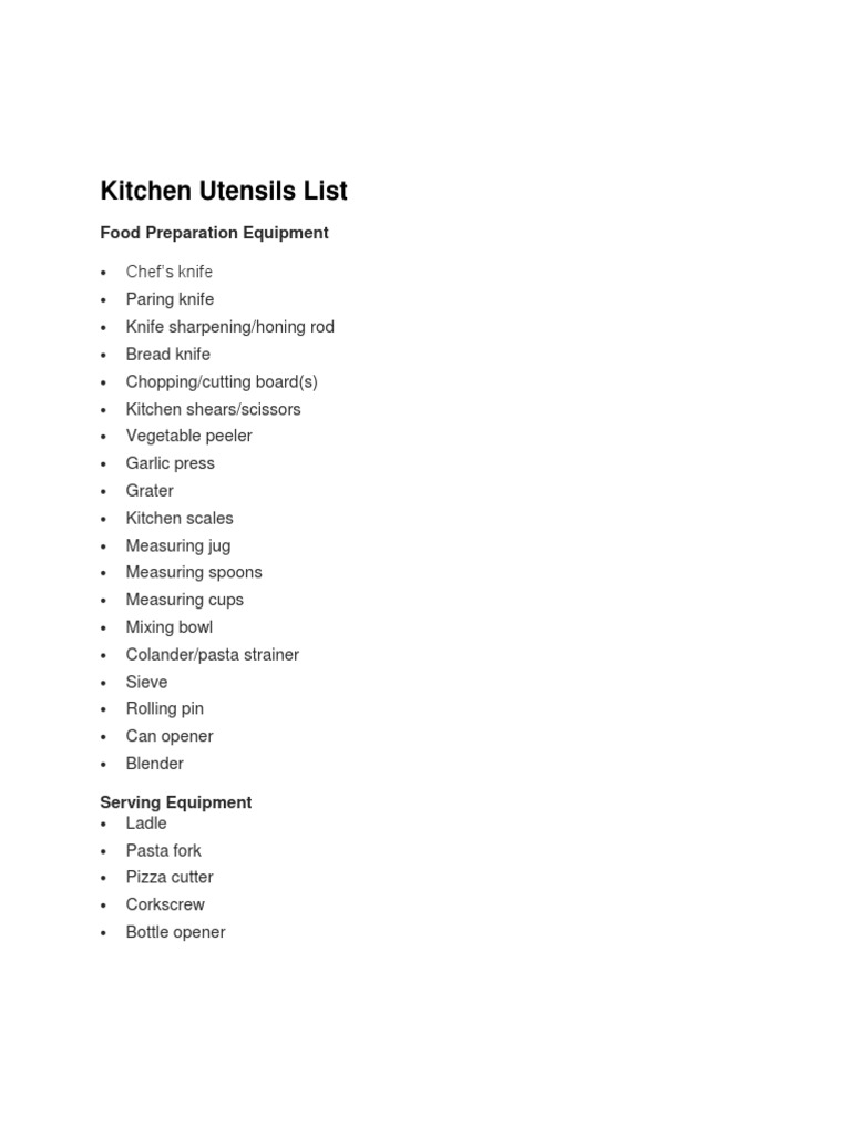 Kitchen Utensils List PDF