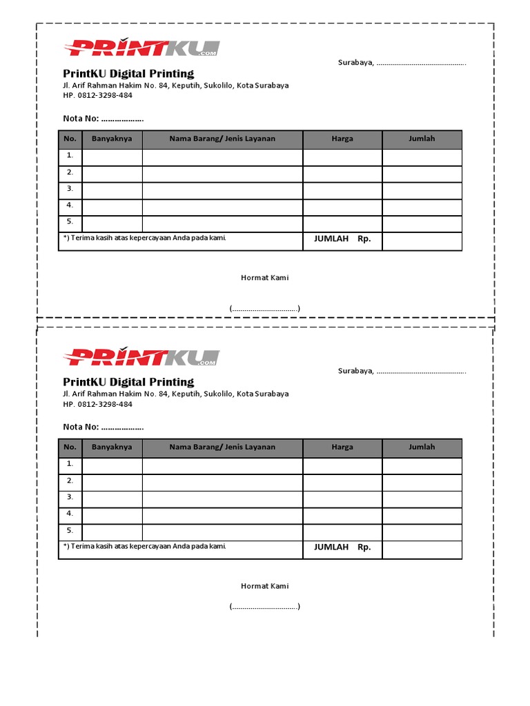 Template Nota Percetakan Word | PDF