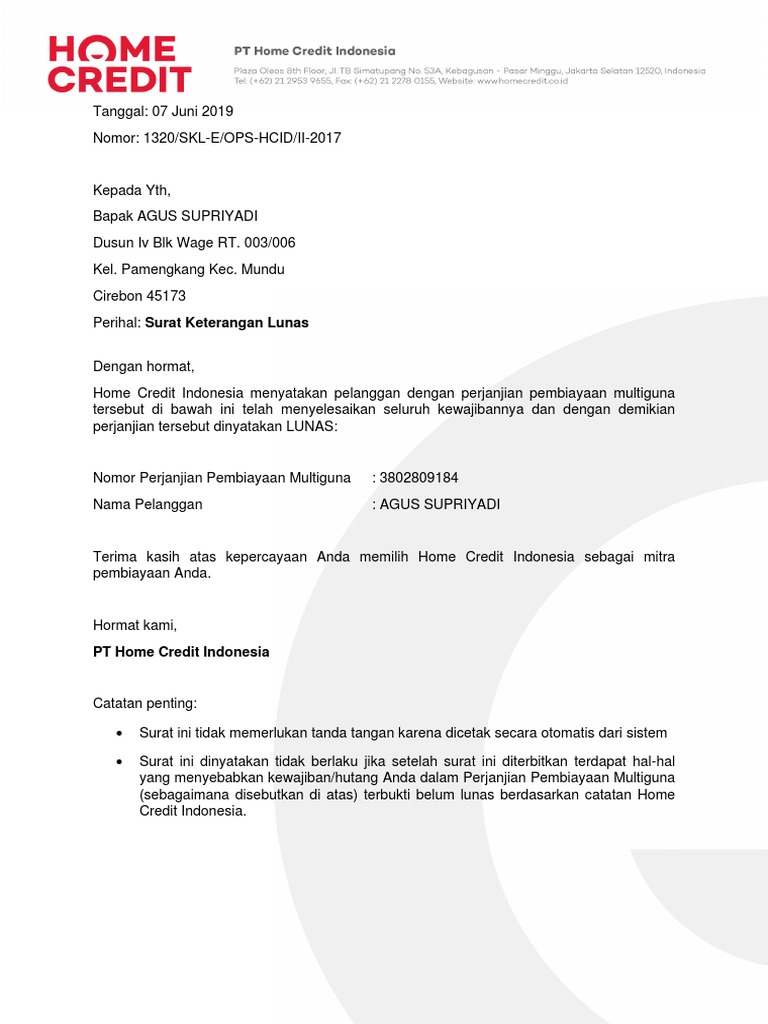 Surat Keterangan Lunas 3802809184