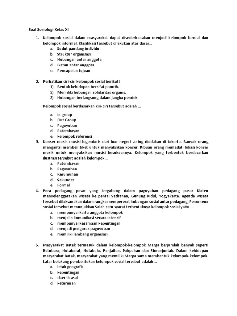 Soal Sosiologi Kelas Xi