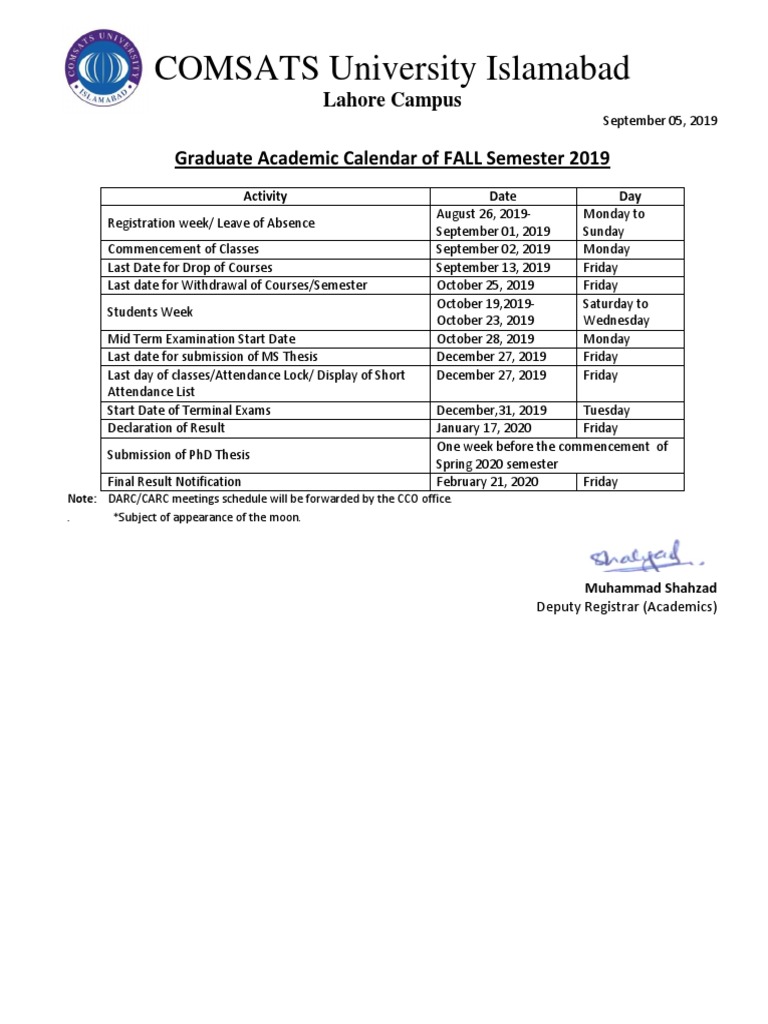 COMSATS University Islamabad Lahore Campus Graduate Academic Calendar