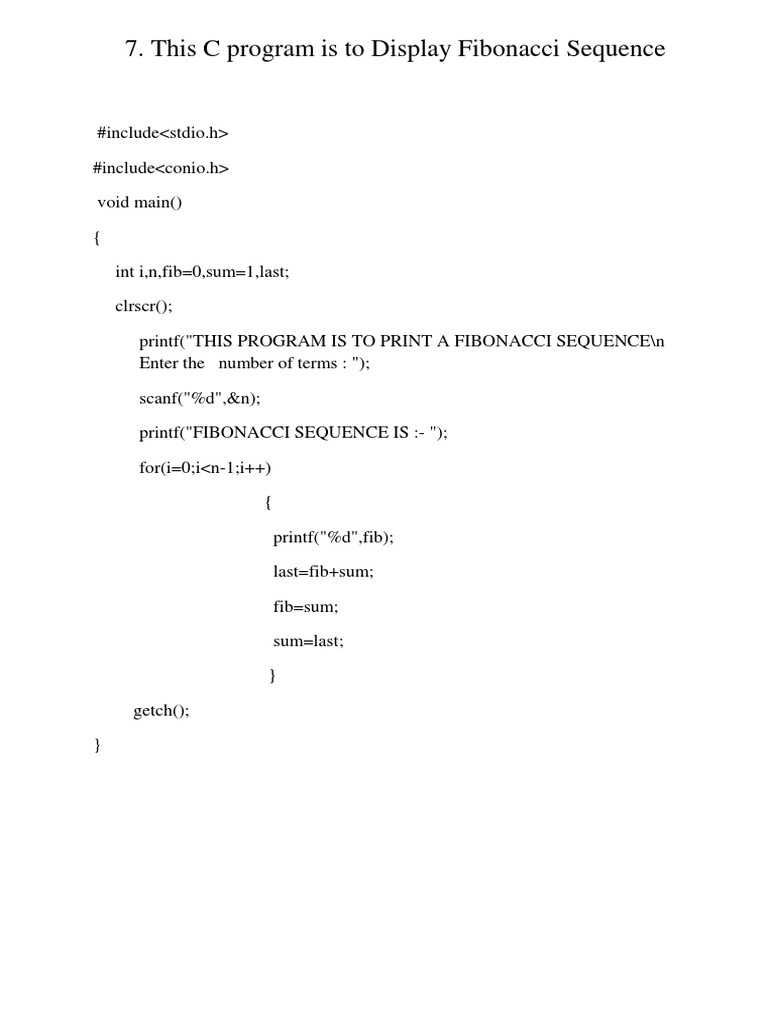 Fibonacci Sequence C Program | PDF