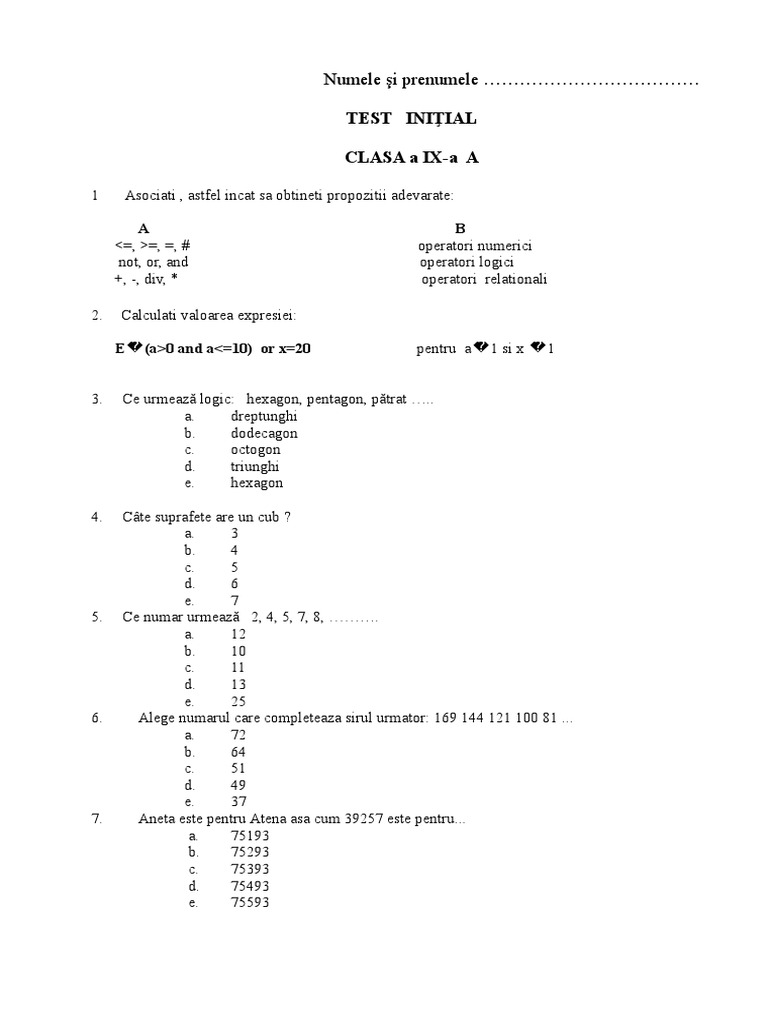 Test Initial Clasa A Ixa | PDF