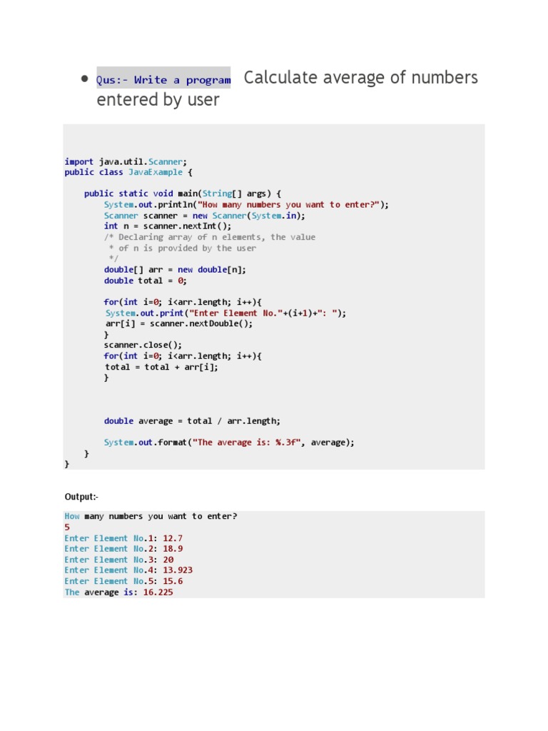 Calculate Average of Numbers Entered by User: Qus:-Write A Program ...