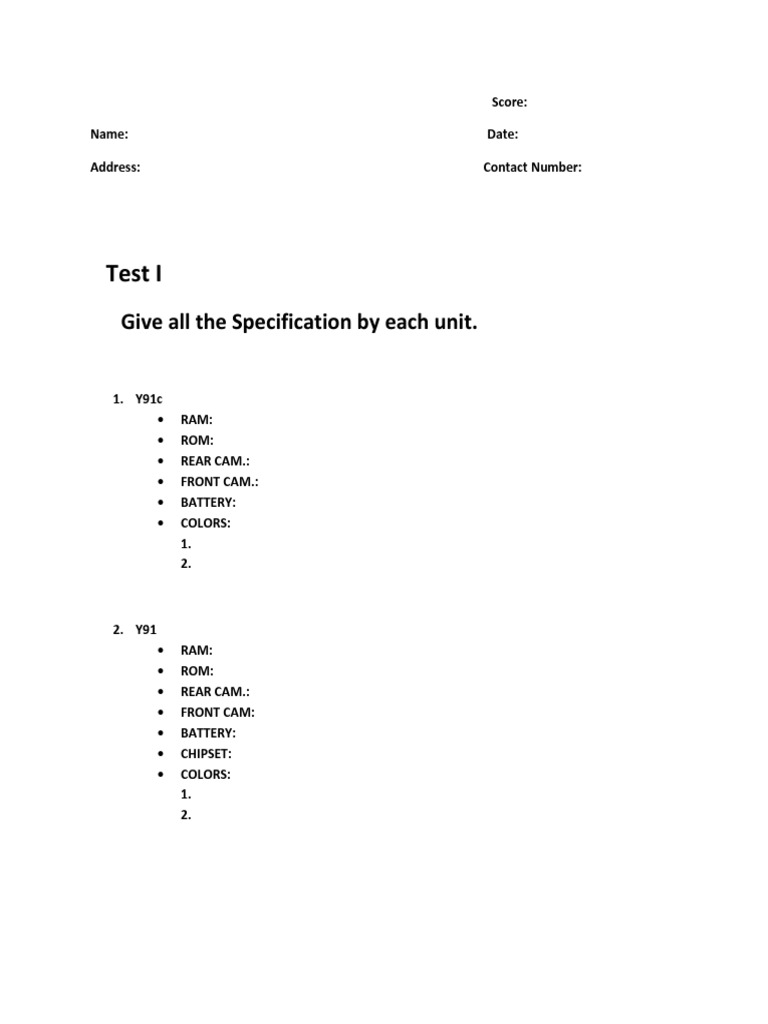 Test I: Give All The Specification by Each Unit | PDF