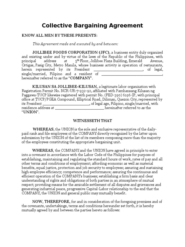 Collective Bargaining Agreement Know All Men by These Presents This
