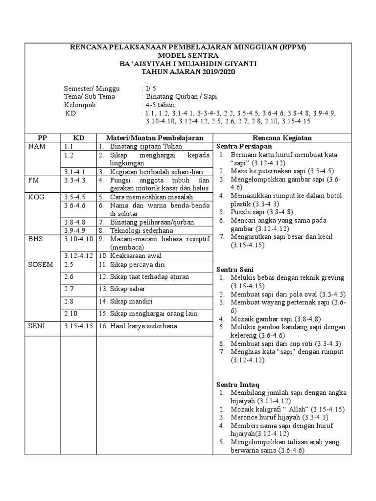 RPPM Tema Binatang Sapi PAUD | PDF