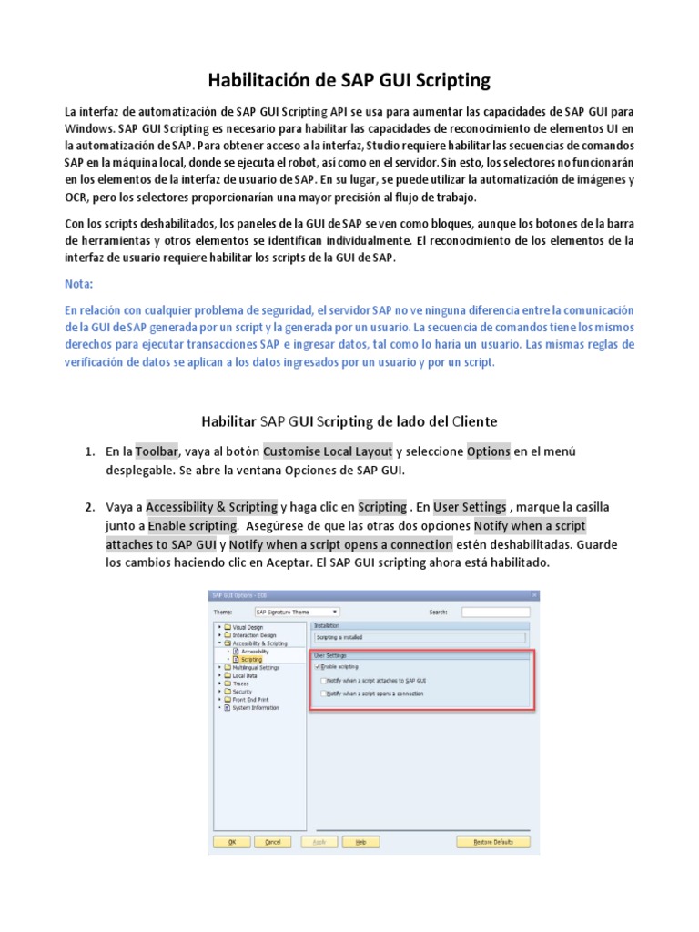 Habilitación de SAP GUI Scripting | PDF | Interfaces gráficas de ...