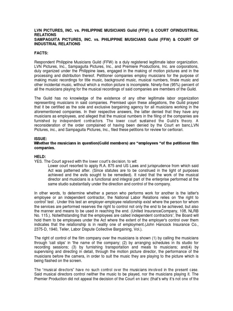 LVN Pictures Vs FFW | PDF | Independent Contractor | Employment