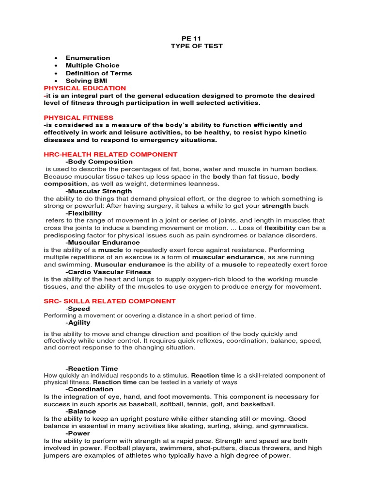 PE 11 Summary 4exam | PDF | Body Mass Index | Determinants Of Health