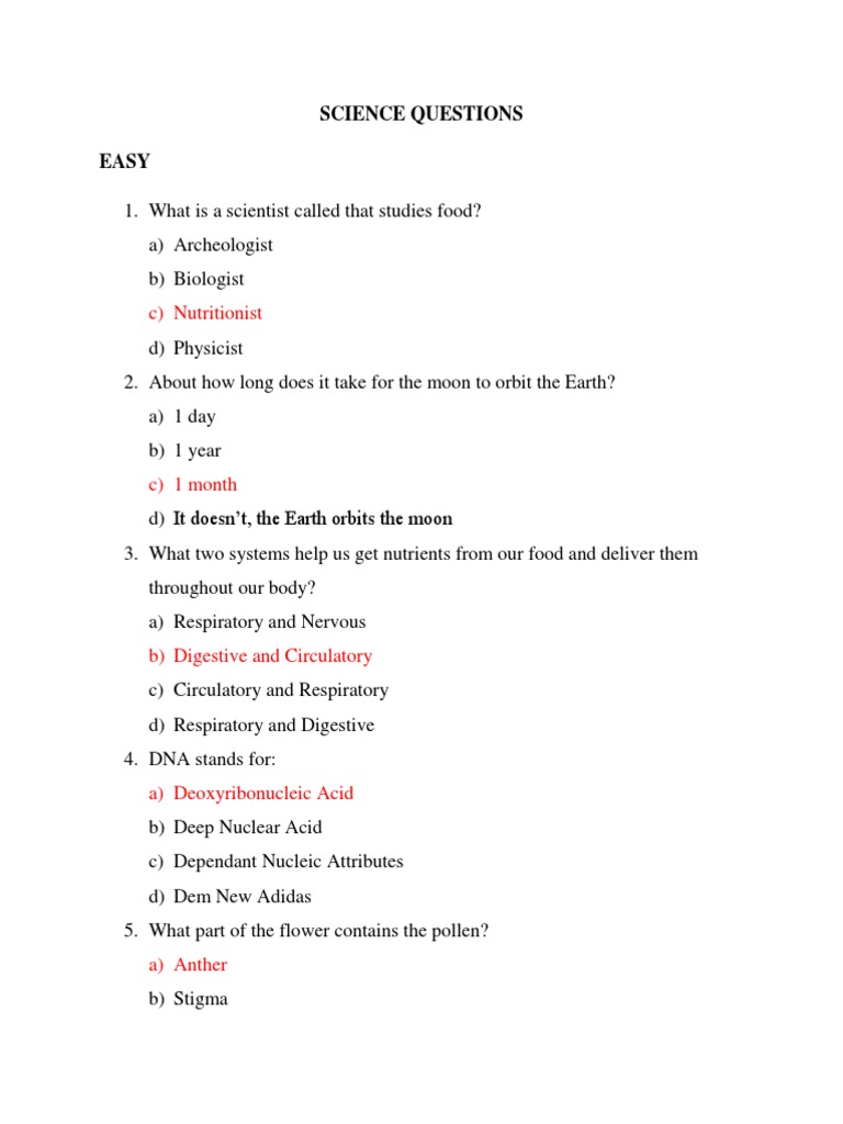 Science Quiz Bowl Questions Pdf Vein Artery