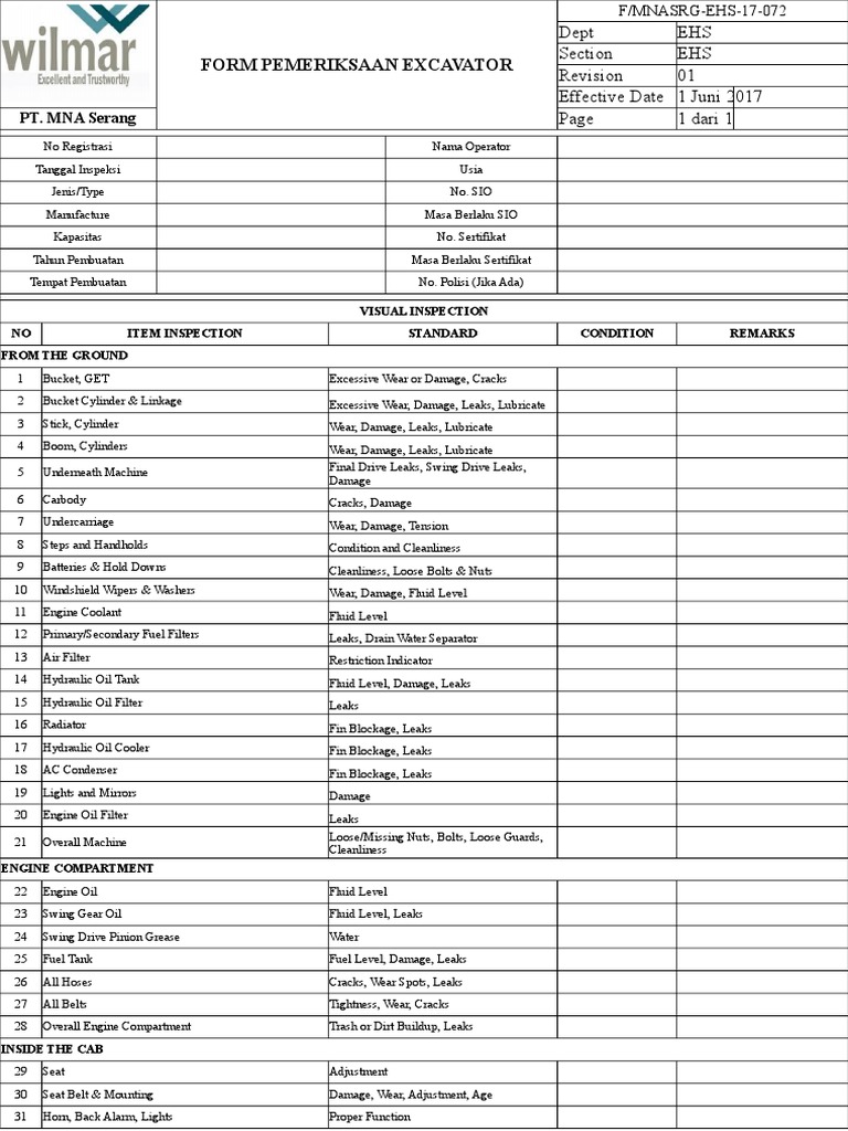 F Mnasrg Ehs 17 072 Form Pemeriksaan Inspeksi Excavator Rev 01 Vehicles Mechanical Engineering