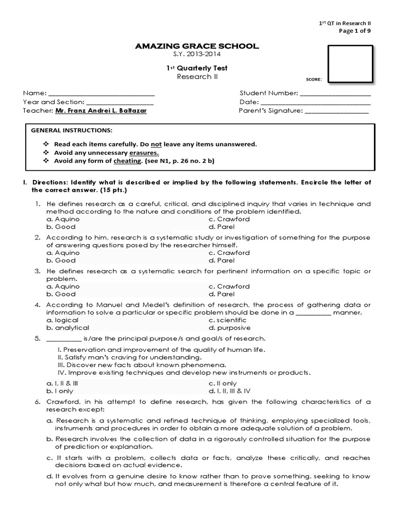 1st Quarterly Test in Research II | PDF | Justification | Truth