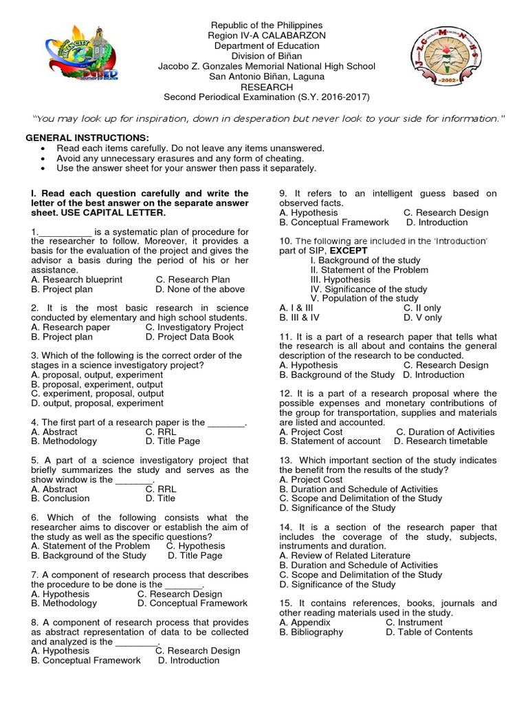 Second Periodical Examination Guide | PDF | Hypothesis | Experiment