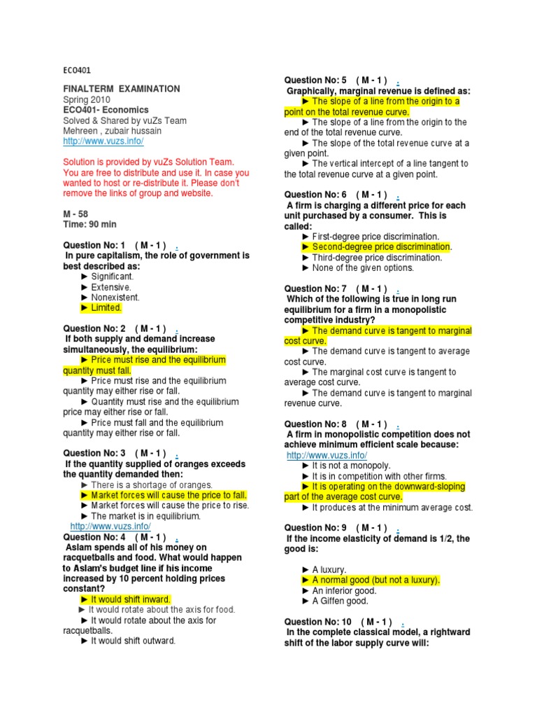 Eco401 Pdf Supply And Demand Economic Equilibrium