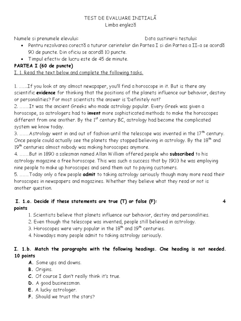 Test Initial Cls A IX A | PDF | Astrology | Cornwall