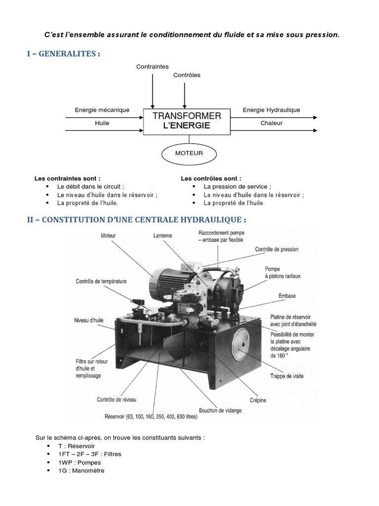 Fonctionnement d'une centrale hydraulique PDF Pompe Génie du bâtiment — free download