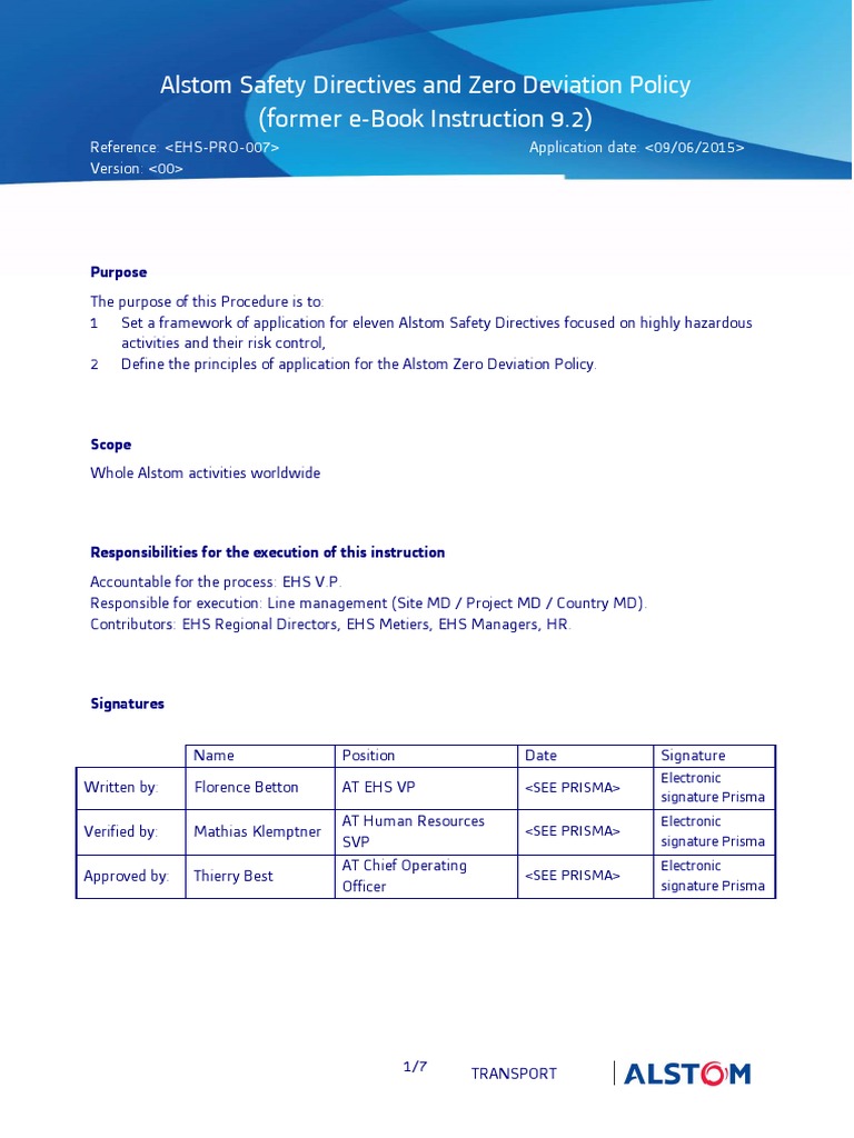 Alstom Zero Deviation Safety Policy | PDF | Risk Management ...