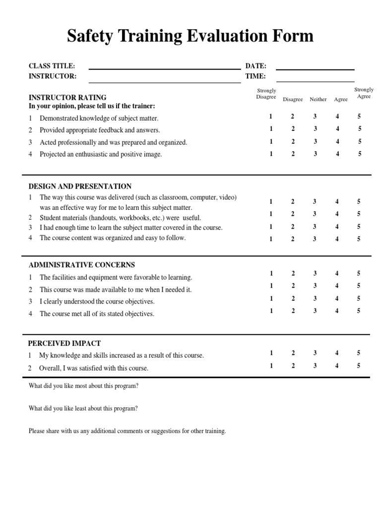 Safety Training Session Evaluation Form Pdf Educational Psychology