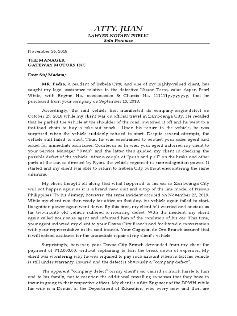 SAMPLE Demand Letter For Car Dealer 2 PDF Vehicles Car