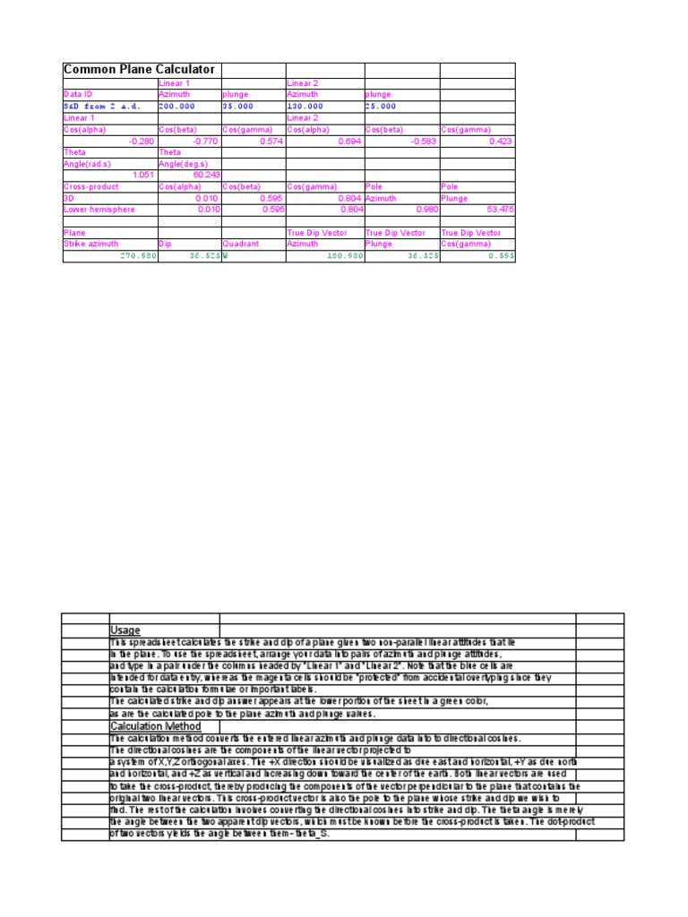 Plane Strike and Dip Calculator Spreadsheet | PDF | Azimuth ...