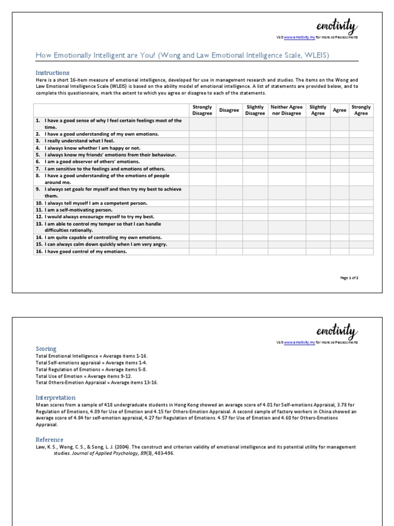 How Emotionally Intelligent Are You Wong And Law Emotional Intelligence Scale Wleis Pdf Emotional Intelligence Intelligence