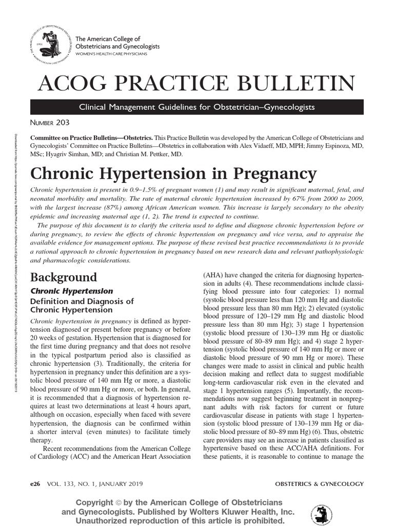 Acog Practice Bulletin Chronic Hypertension In Pregnancy