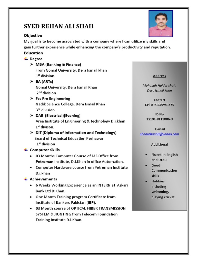 Syed Rehan Ali Shah's Professional Profile | PDF